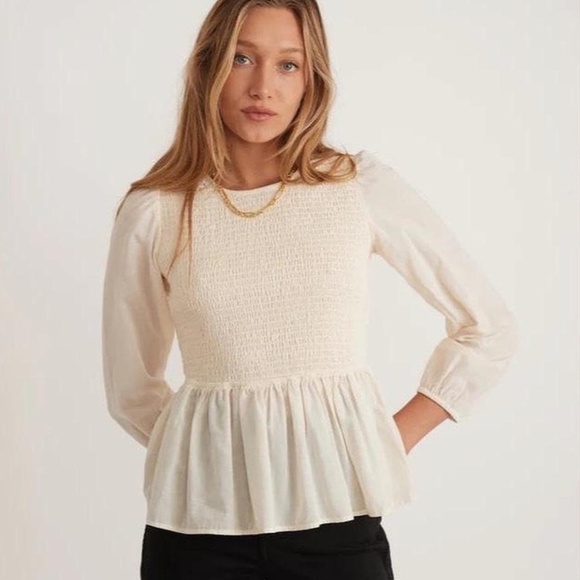 Marine Layer Ivory Smocked 3/4 Sleeve Peplum Top - Picture 1 of 6